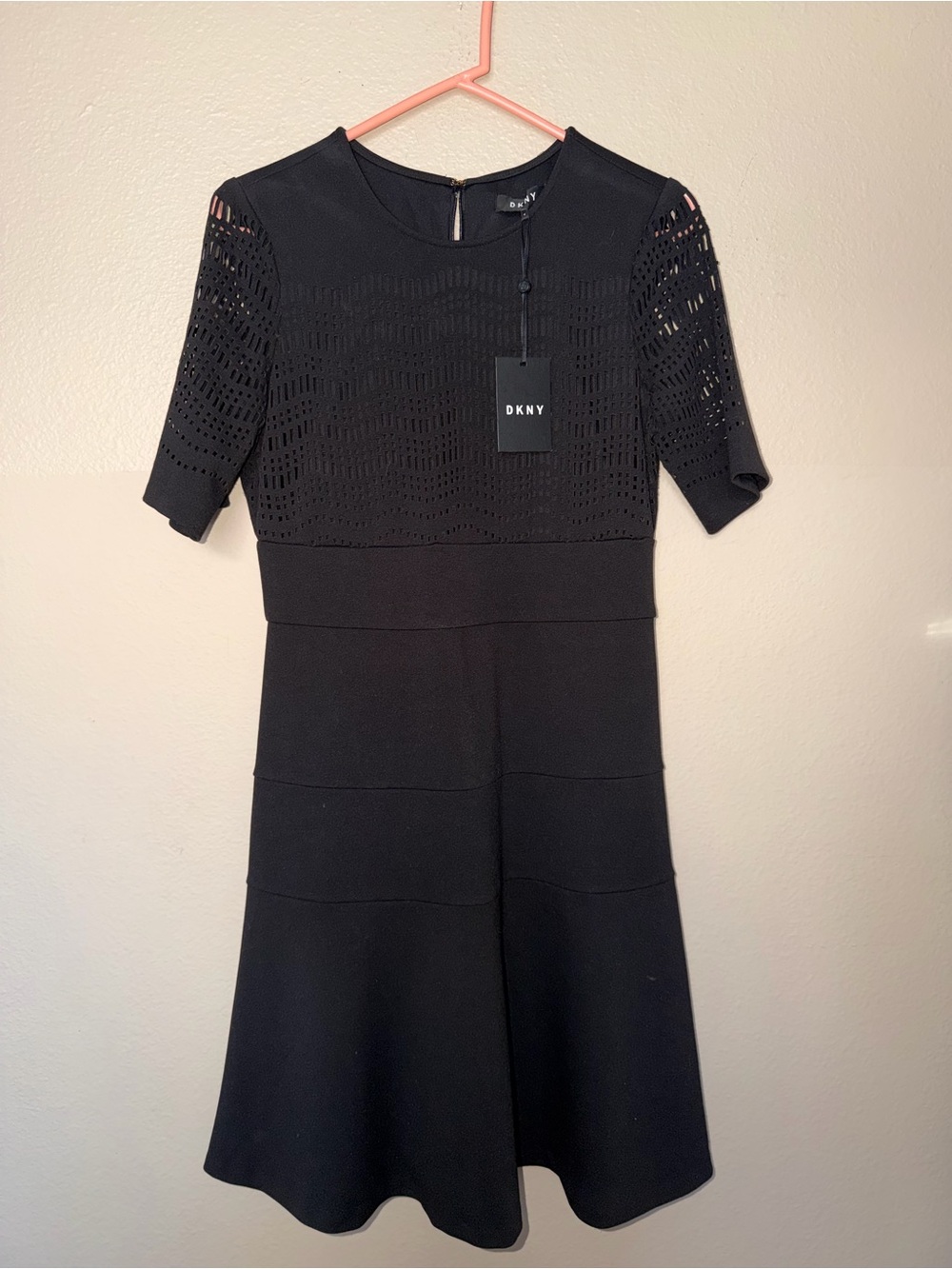 New DKNY Black Knit Eyelet A-Line Dress 6